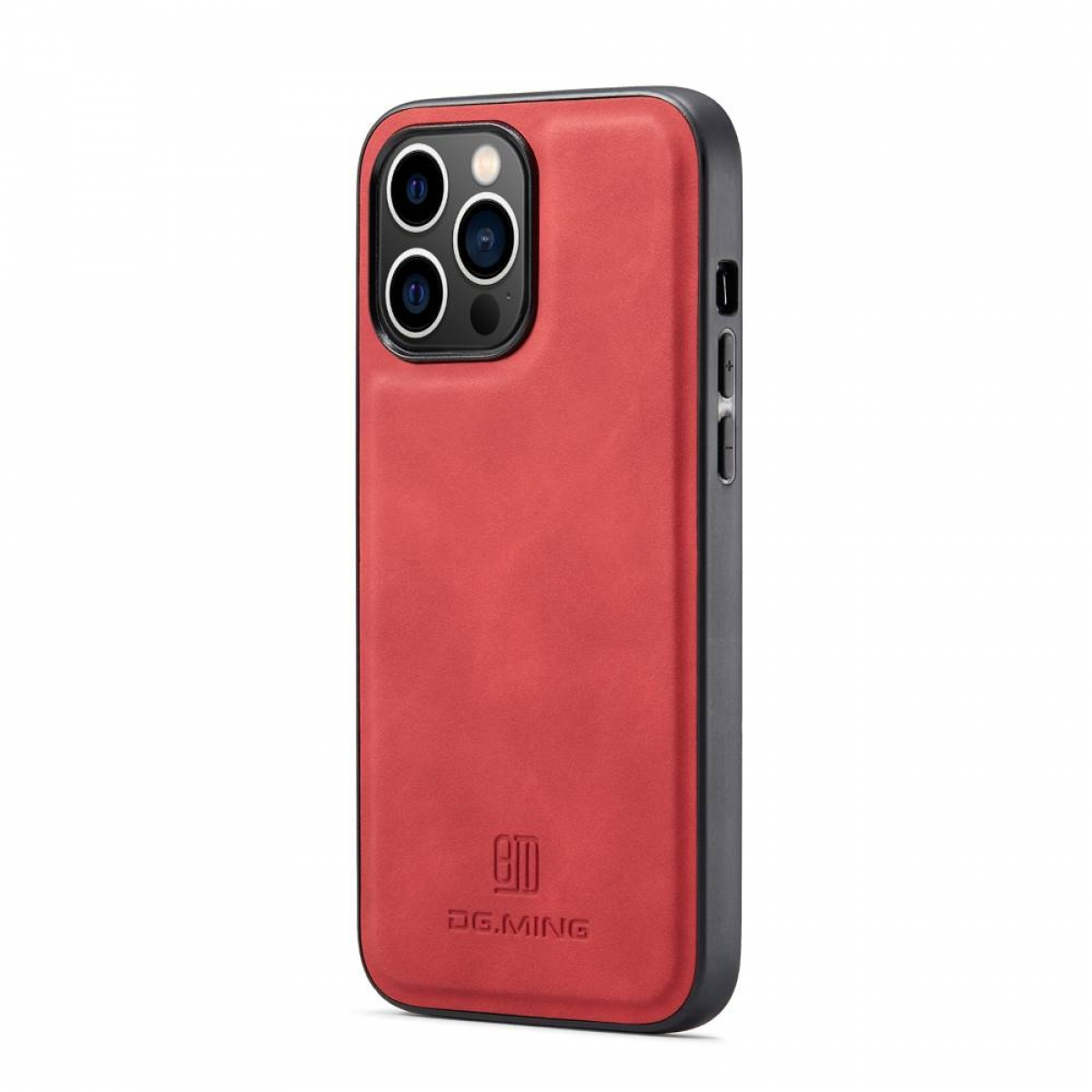 Rote iPhone-Hülle mit schwarzem Rand, zeigt Kameralinsen und DG.MING-Logo.