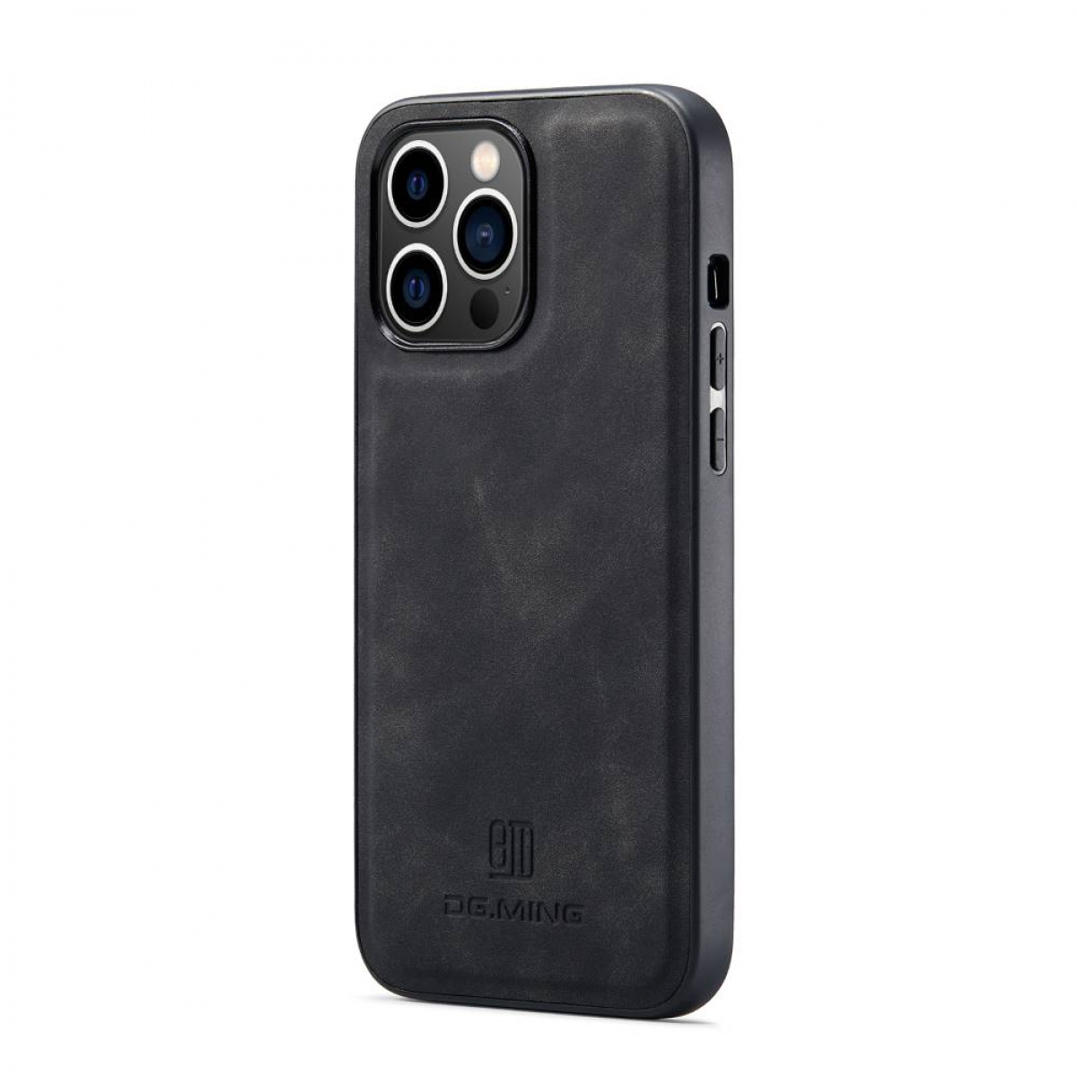 Eine schwarze Leder-Handyhülle auf einem Telefon.
