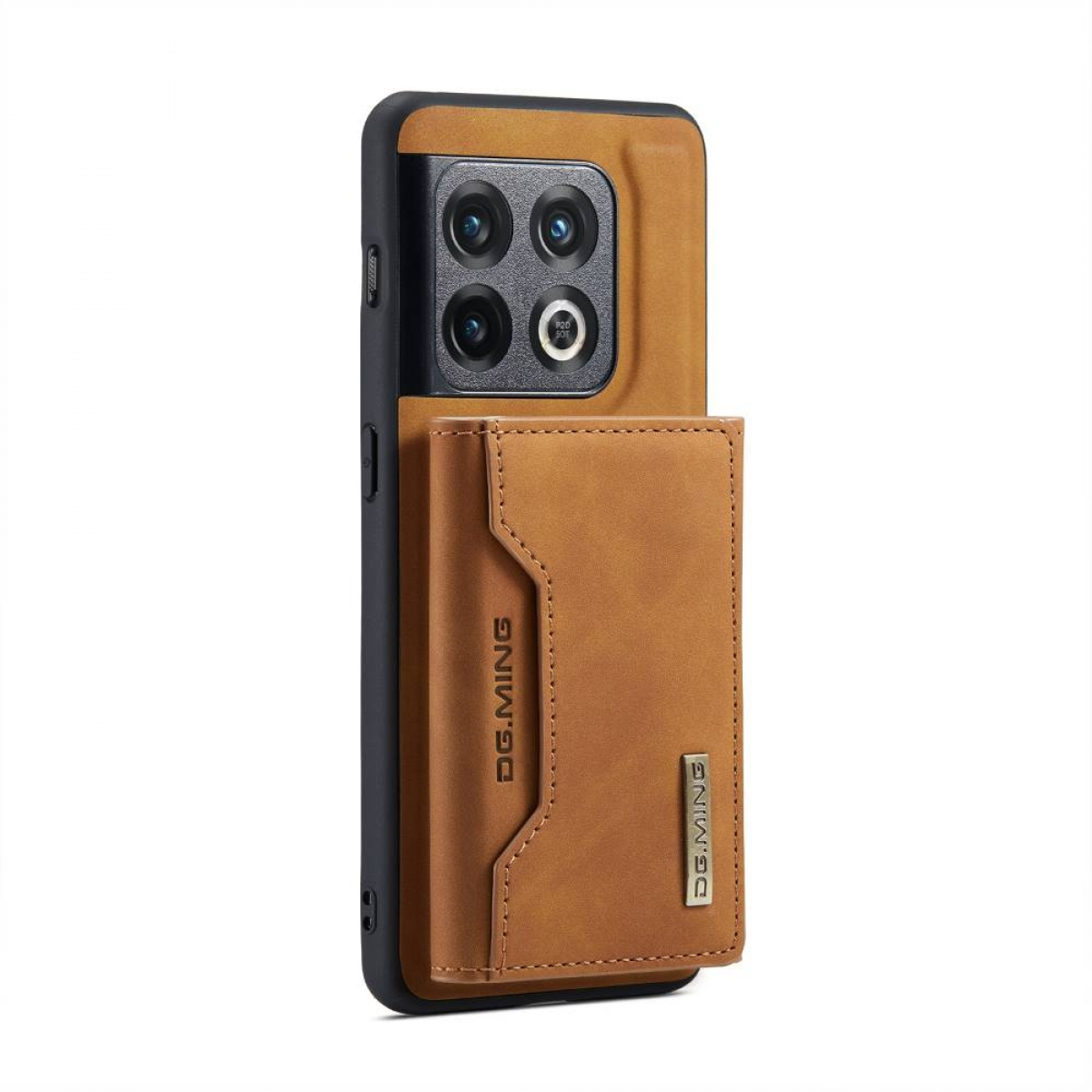 Beige Handyhülle mit beige-farbenem Portemonnaie. Das Telefon hat ein schwarzes Kameramodul.