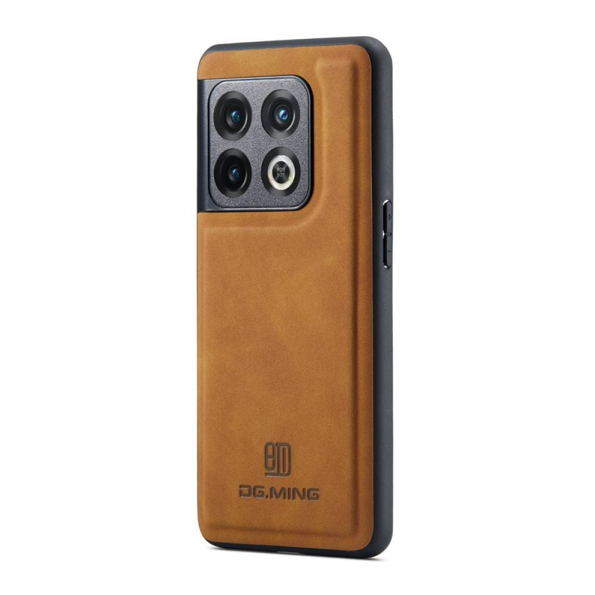 Braune Handyhülle mit DG.MING-Logo. Schwarzes Telefon mit drei Kameras.
