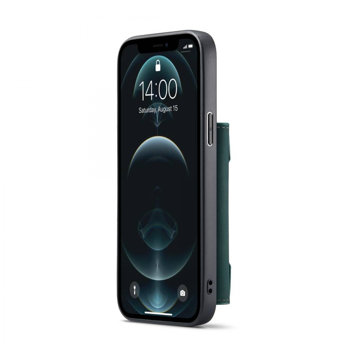 Schwarzes Telefon mit grünem Portemonnaie. Uhrzeit 14:00. Samstag, 15. August.