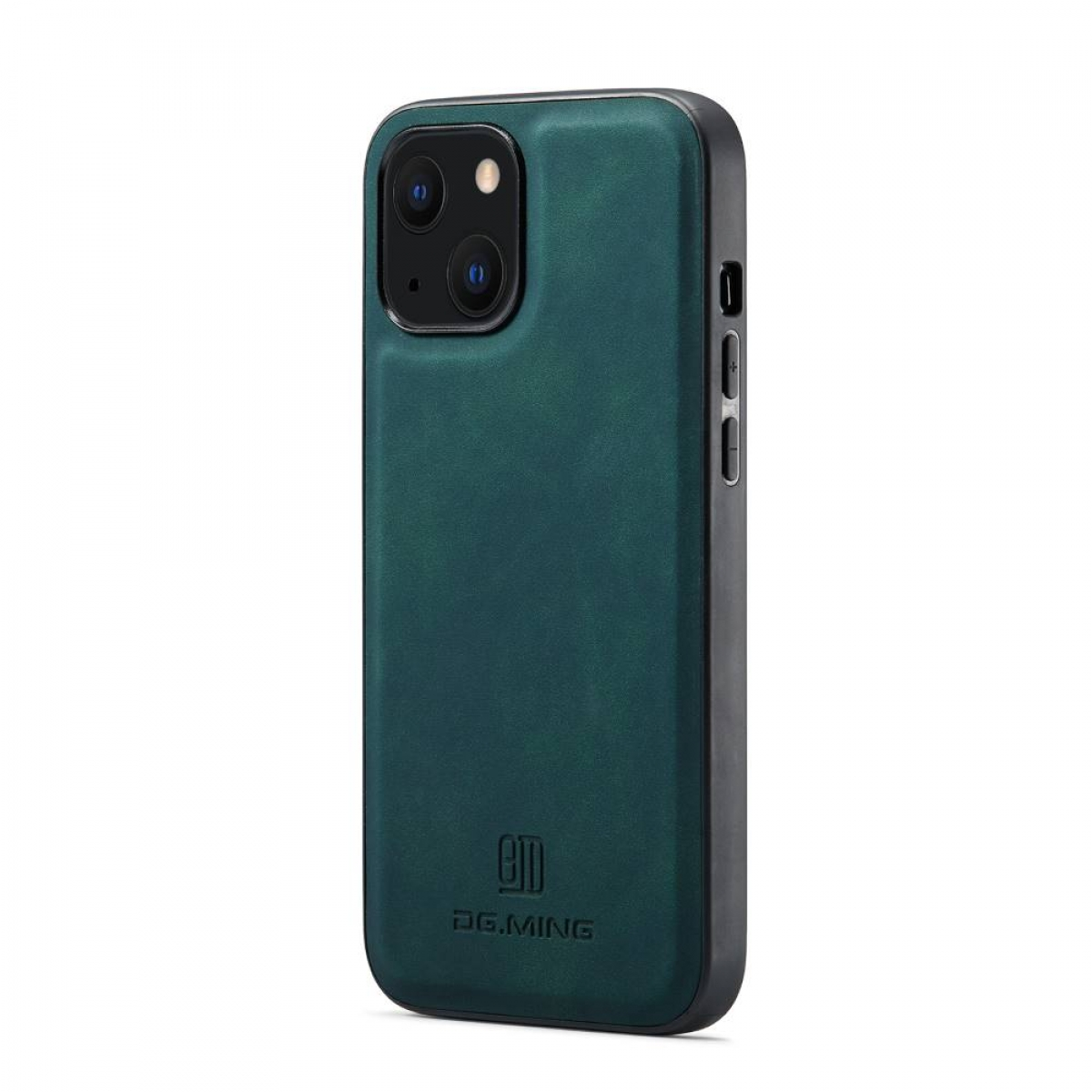 Dunkelgrüne iPhone-Hülle auf weißem Hintergrund. Die Hülle hat einen schwarzen Rahmen, mit Logo.