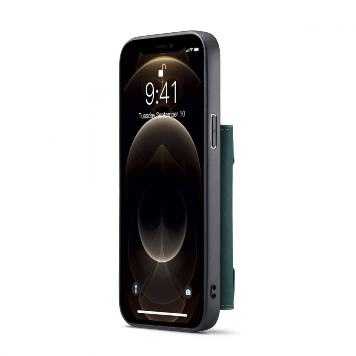 Schwarze iPhone-Hülle mit Anzeige der Uhrzeit und einem grünen, brieftaschenartigen Anhang.