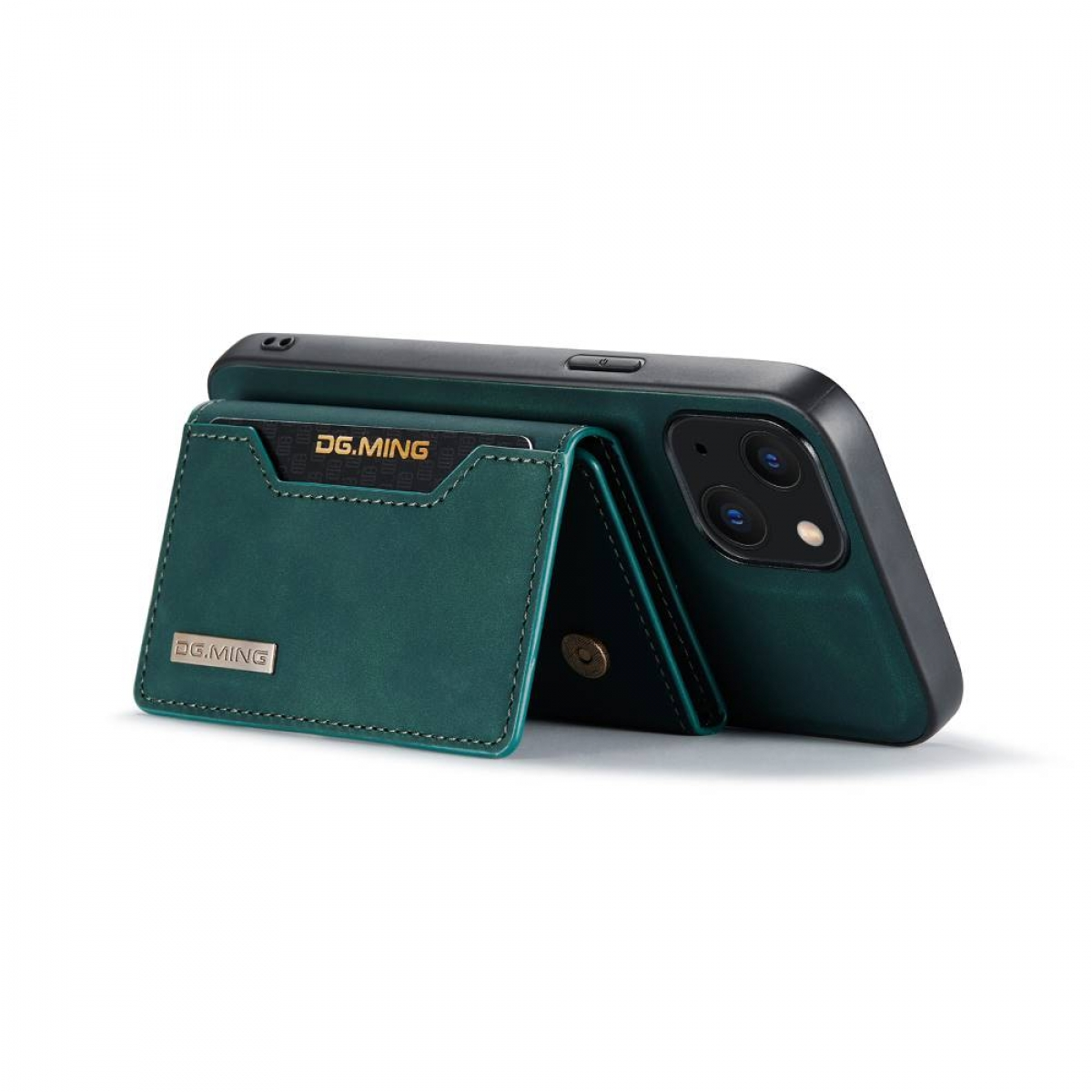 Eine grüne Leder-Handyhülle mit Kartenhalter, aufgestellt, mit einem Telefon darin.