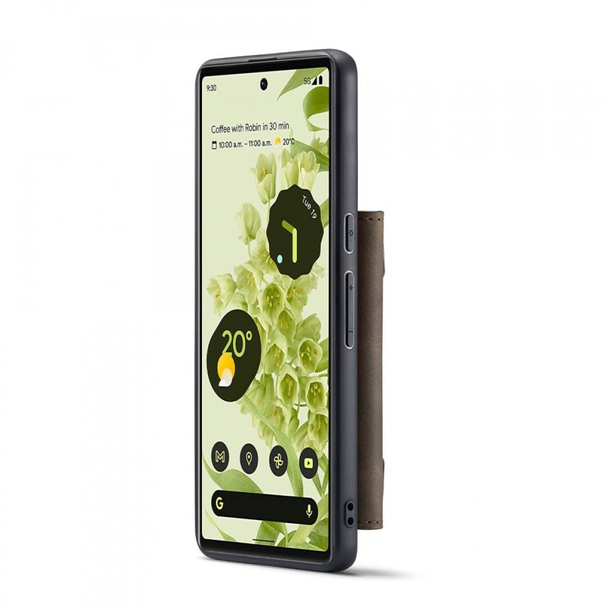 Eine Handyhülle, in der sich ein Telefon befindet, das die Uhrzeit und das Wetter anzeigt.