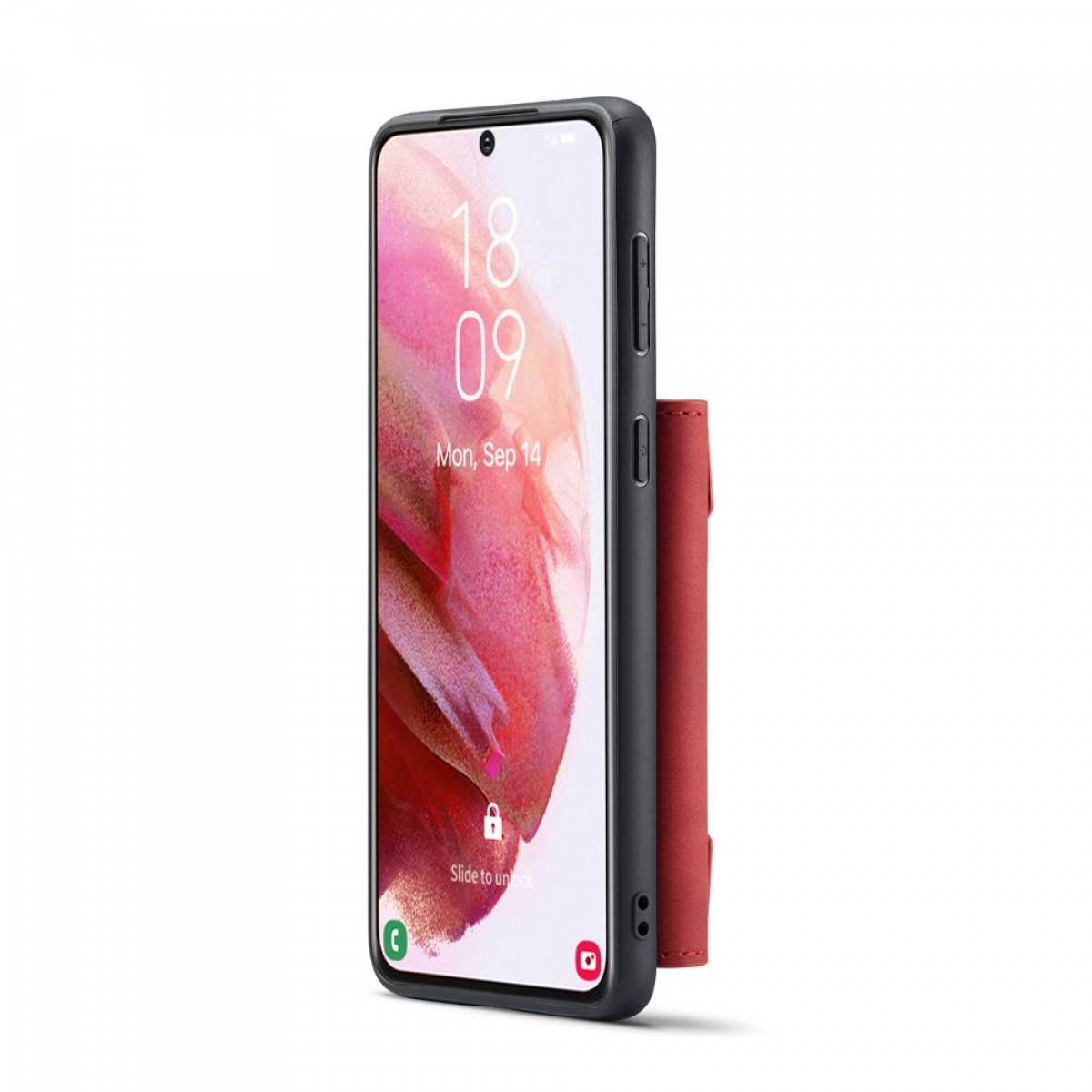 Schwarzes Telefon mit rotem Portemonnaie an der Seite, Datum und Uhrzeit werden angezeigt.