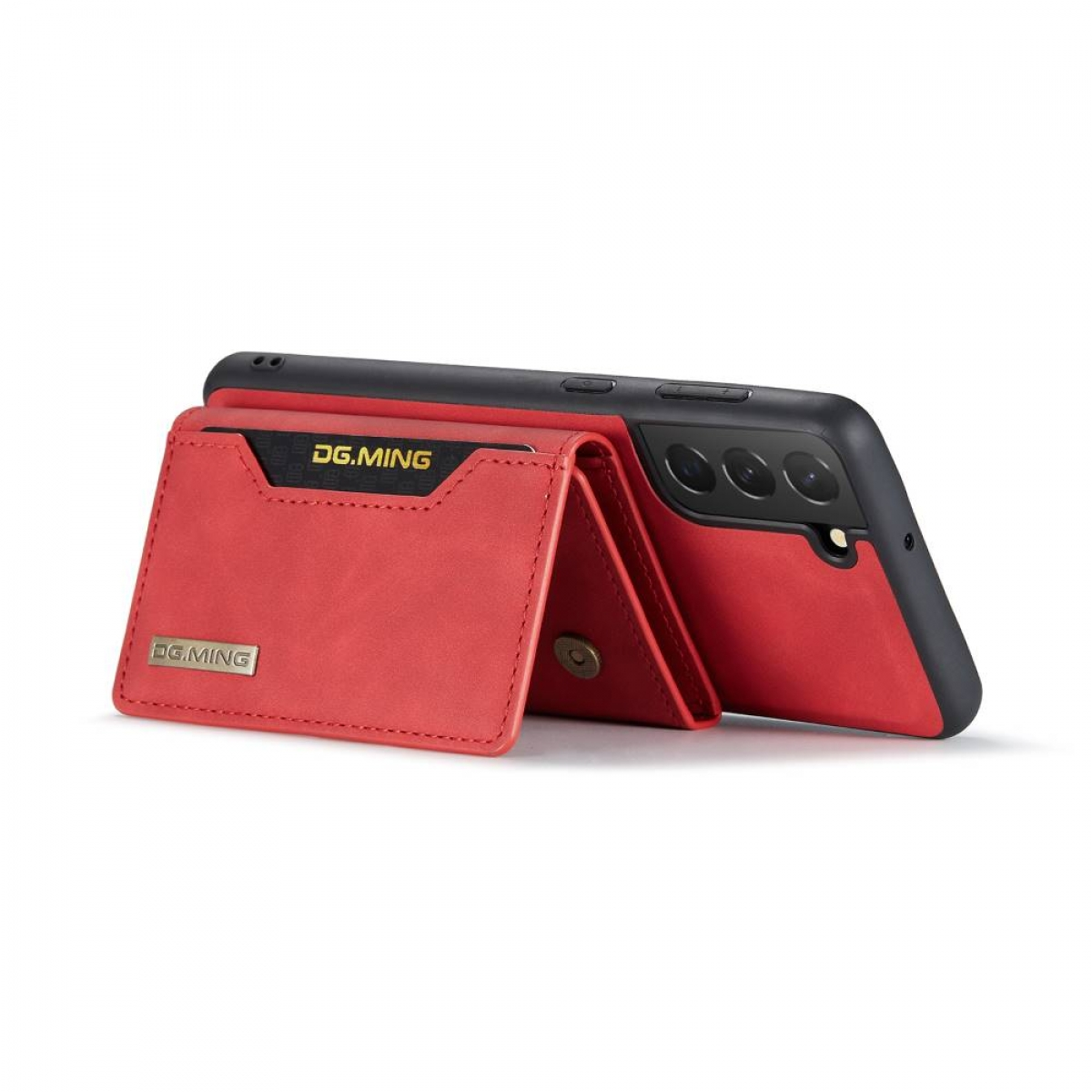 Eine rote DG.MING-Brieftasche auf einem Telefon. Die Brieftasche ist geöffnet und zeigt Kartenfächer und ein Telefon.