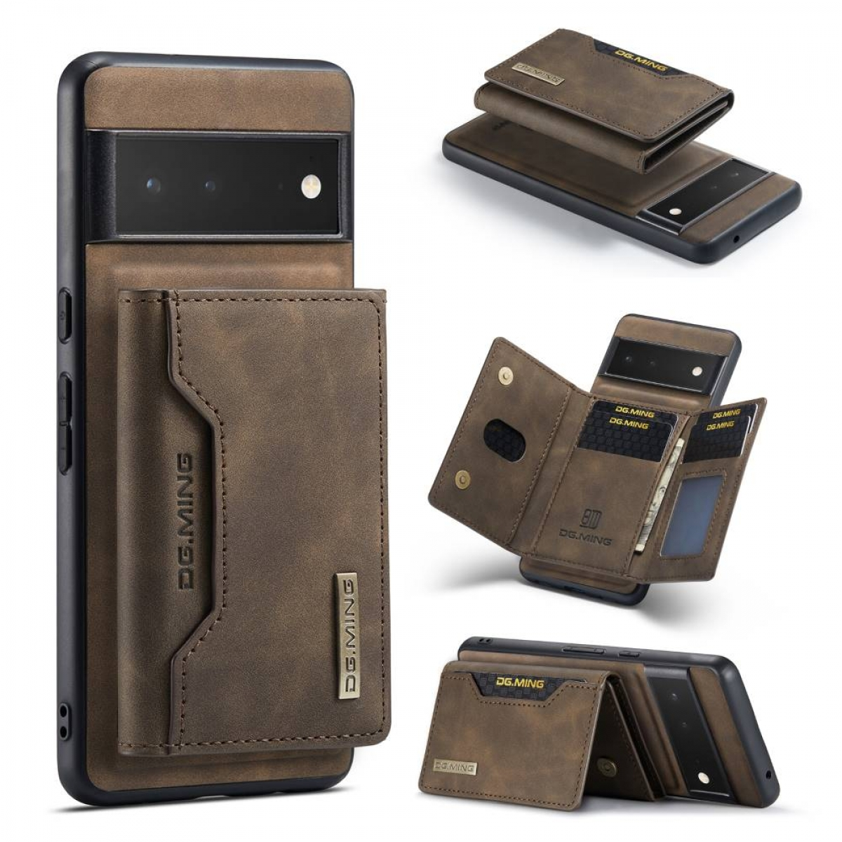 Braunes Telefon mit Portemonnaie. Mehrere Ansichten von Telefon und Portemonnaie.