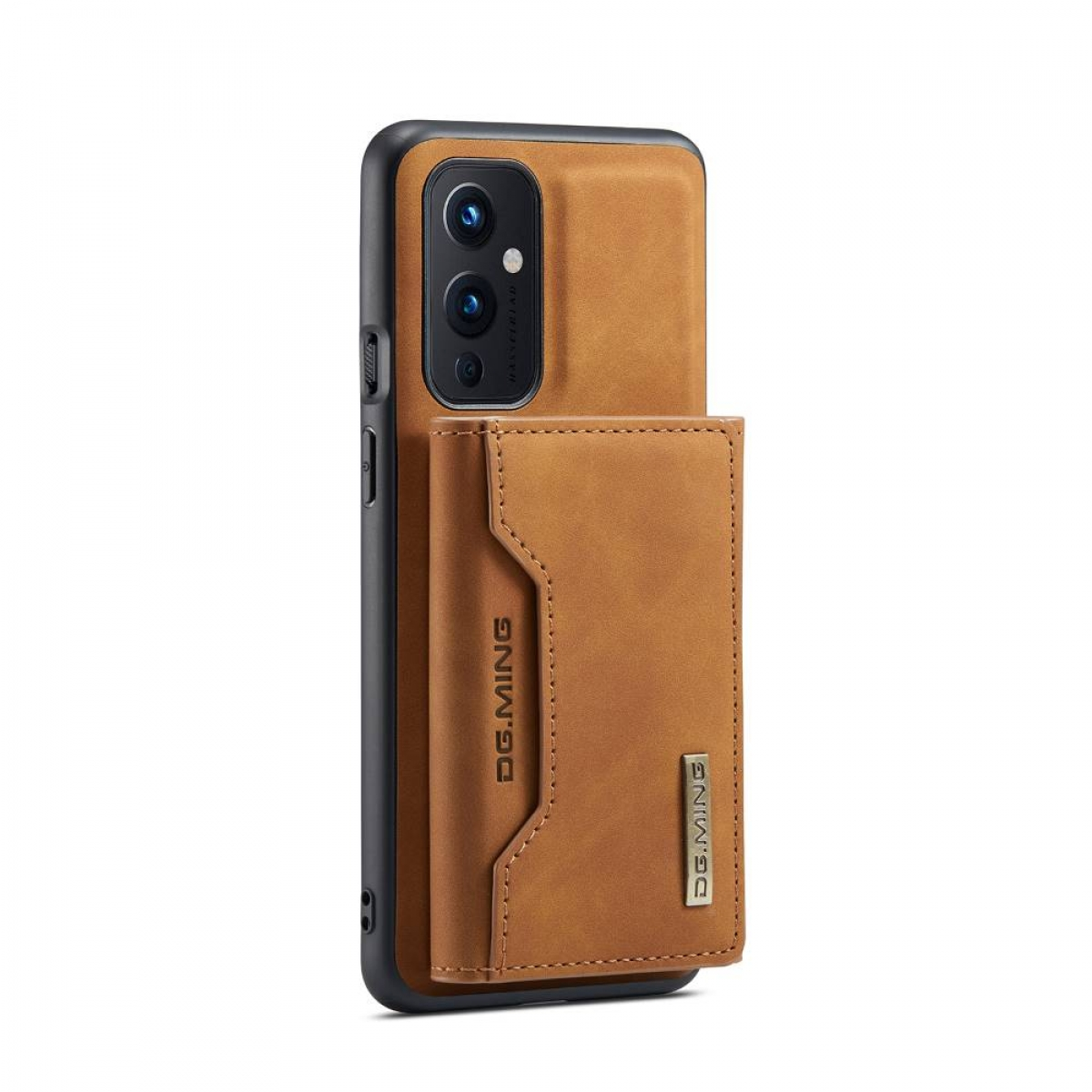 Braune Leder-Handyhülle mit Geldbörse, mit Telefon darin.