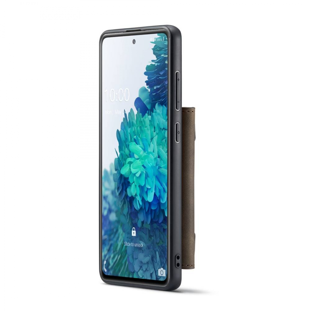 Telefon mit Bildschirm, der ein blaues Blumenmuster zeigt. Eine Geldbörse ist an der Seite befestigt. Weißer Hintergrund.