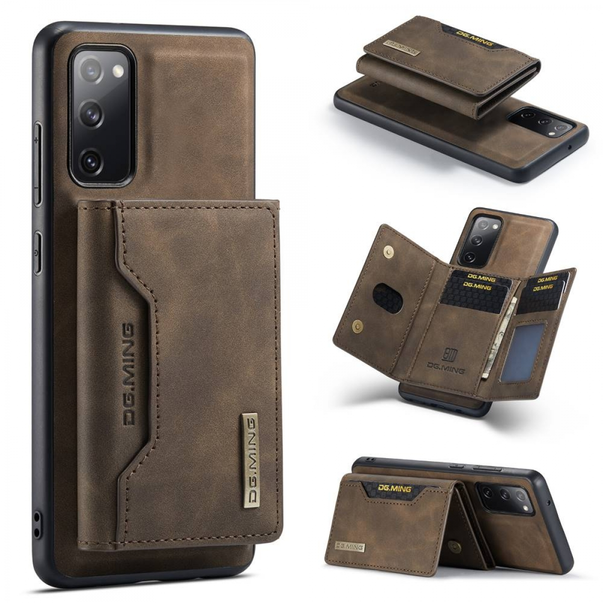 Braune Handyhülle mit angebrachtem Portemonnaie. Mehrere Ansichten zeigen das Portemonnaie und das Telefon.