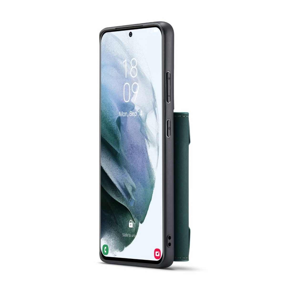 Schwarzes Telefon in einer Hülle mit grünem Portemonnaie. Das Display zeigt einen Bildschirm.