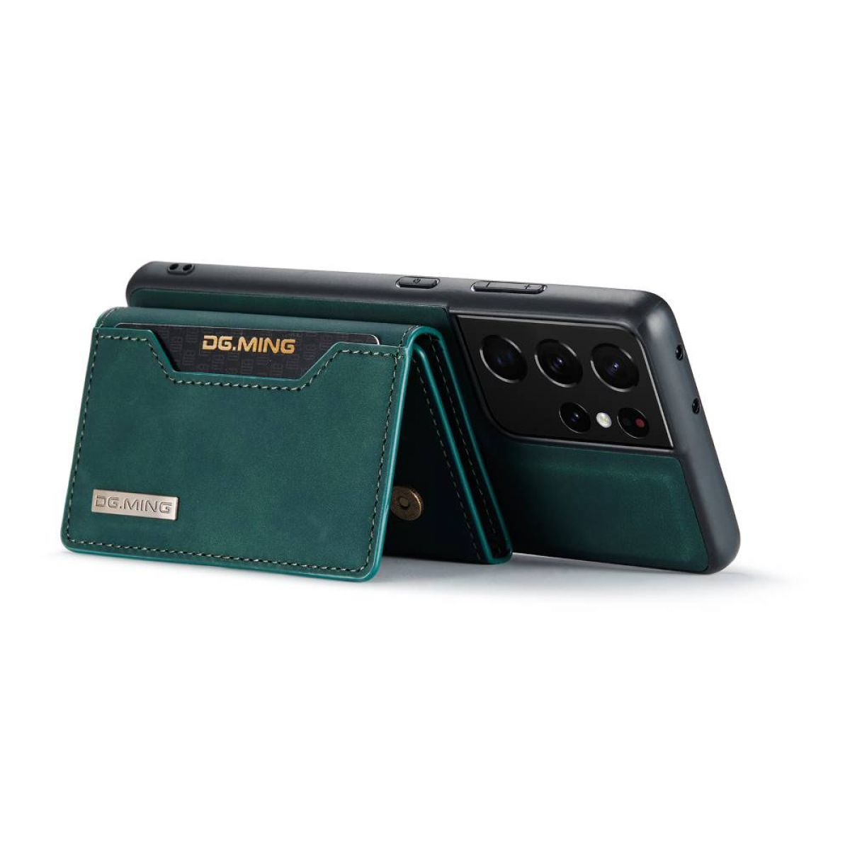 Grüne Handyhülle mit Kartenhalter. Schwarzes Telefon innen. Metallisches Logo auf dem Kartenhalter.