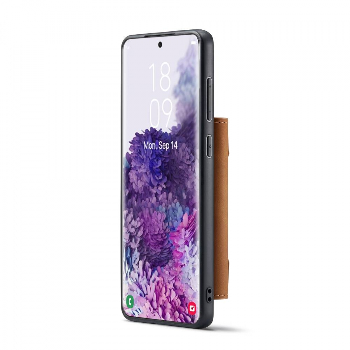 Handyhülle mit einem Telefon darin. Das Telefon zeigt einen Kalender mit dem Datum.