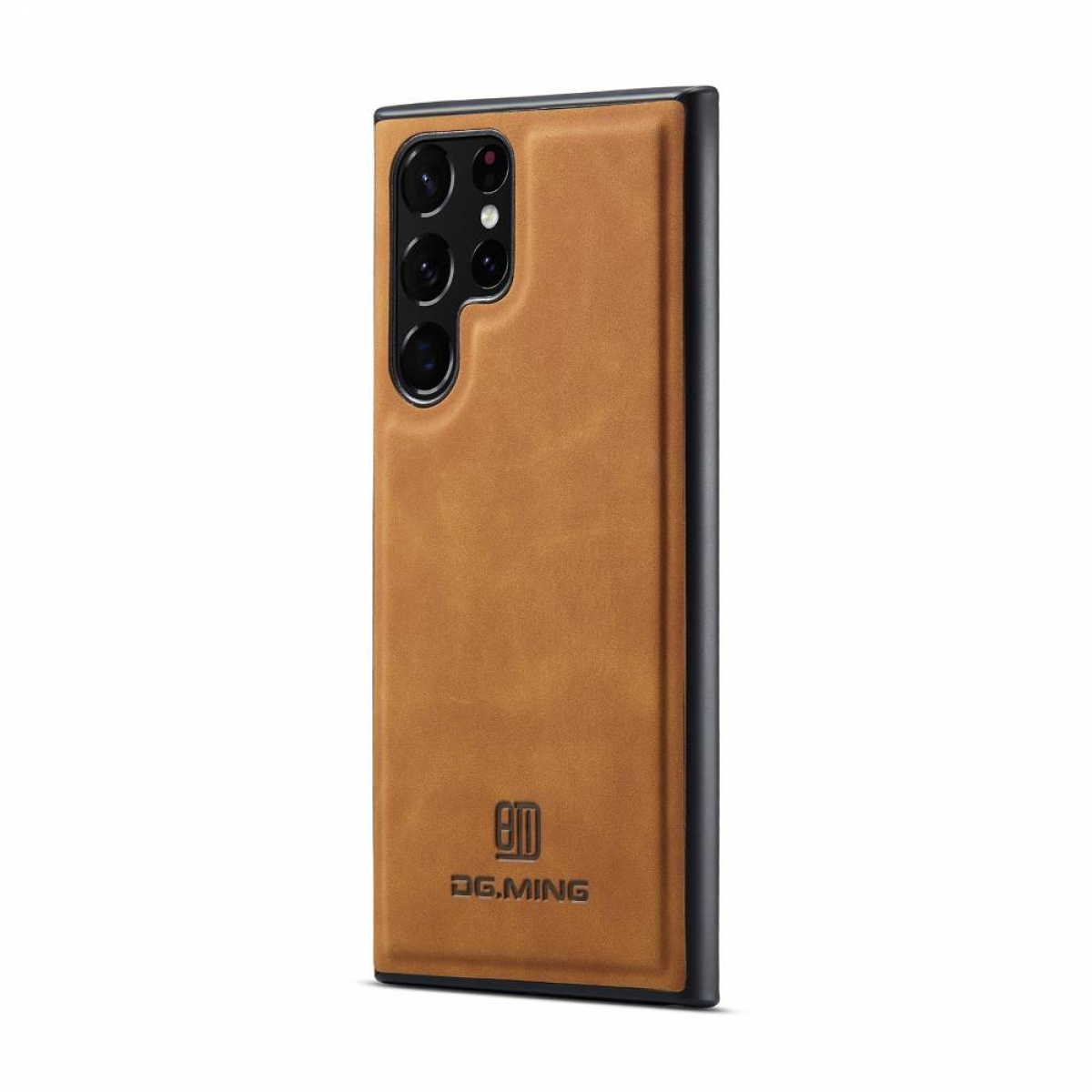 Braune Handyhülle mit DG.MING-Logo. Das Telefon befindet sich auf der Rückseite.