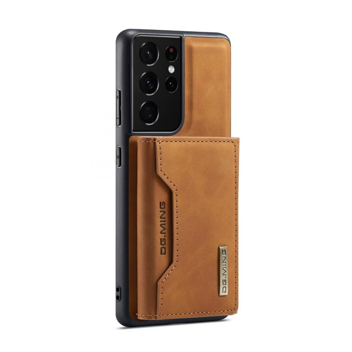 Braune Handyhülle mit Kartenhalter und Telefon darauf, mit dem DG.MING-Logo.