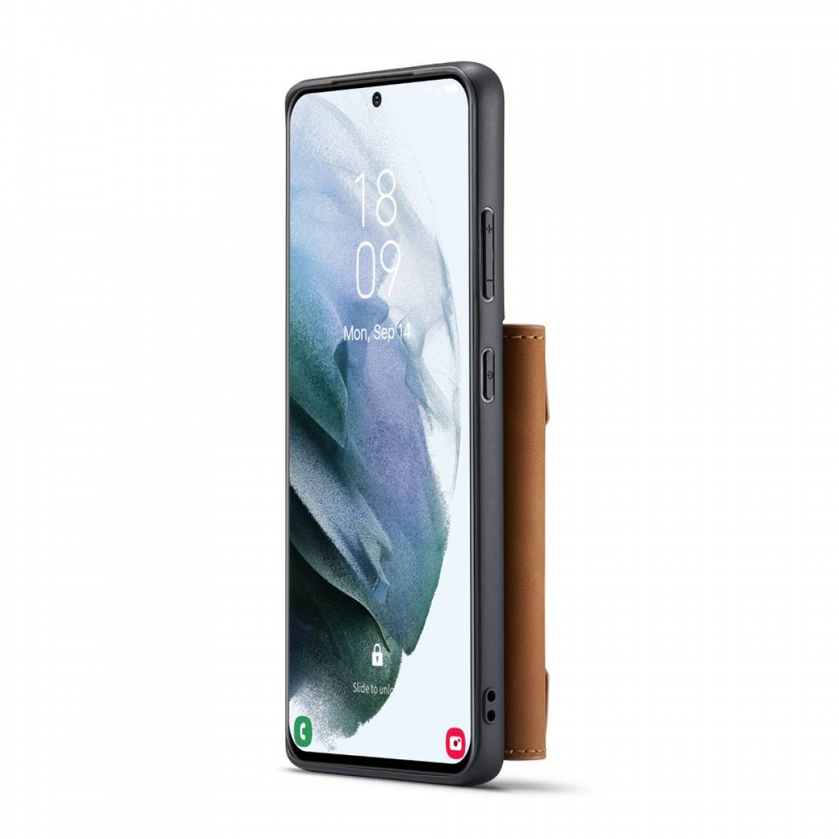 Eine Handyhülle mit einem Telefon, das das Datum anzeigt. Die Hülle ist braun mit einem Portemonnaie.