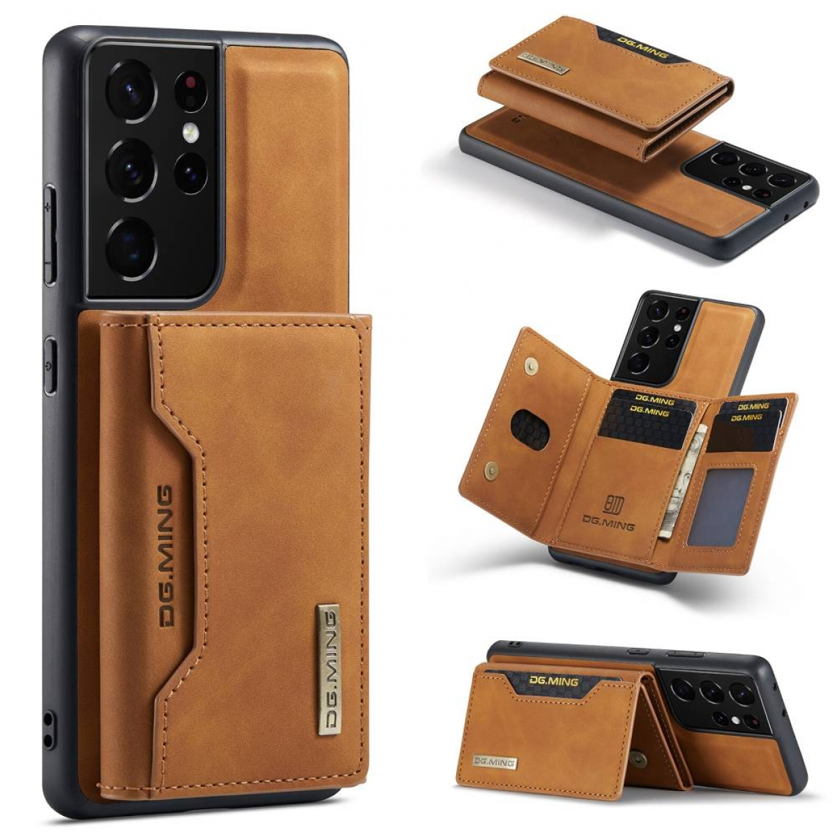 Telefon mit brauner Geldbörsenhülle. Mehrere Winkel, die die Hüllen- und Geldbörsenmerkmale zeigen.