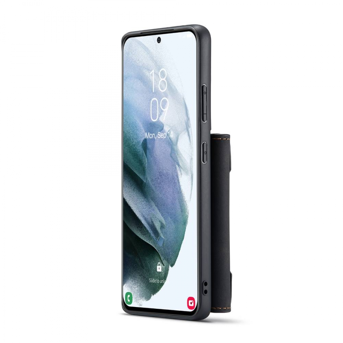 Schwarzes Telefon mit Geldbörse. Der Bildschirm zeigt Datum und Uhrzeit. Die Brieftasche ist schwarz.