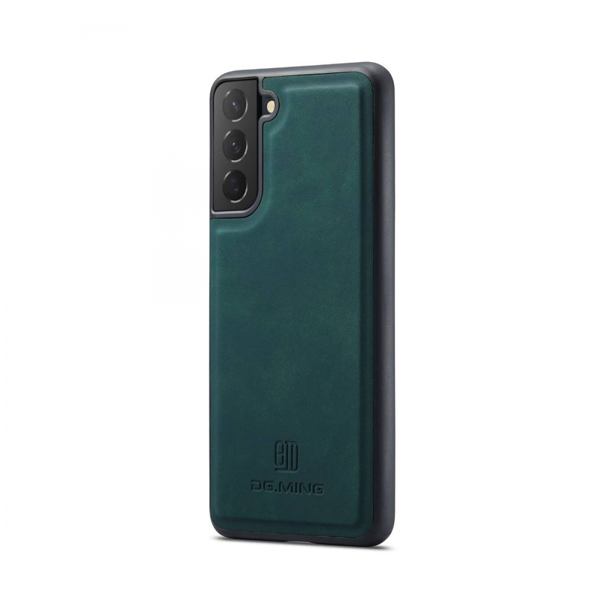 Eine grüne Handyhülle mit DG.MING Logo. Das Telefon ist schwarz, auf weißem Hintergrund.