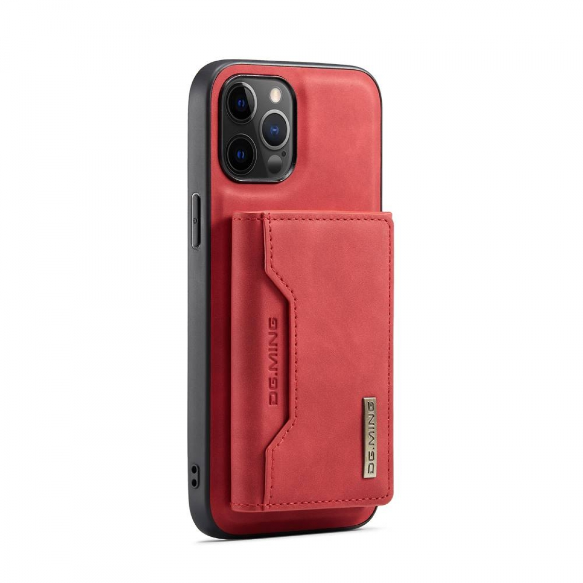 Rote Handyhülle mit Kartenhalter. Schwarzes Telefon. Weißer Hintergrund.