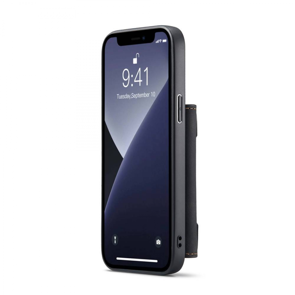 Ein Telefon mit Hülle, das die Uhrzeit und ein Schlosssymbol zeigt.
