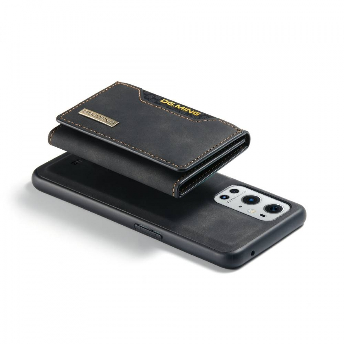 Ein Telefon mit schwarzer Brieftaschenhülle, mit Kartenfach und DG.MING-Logo.