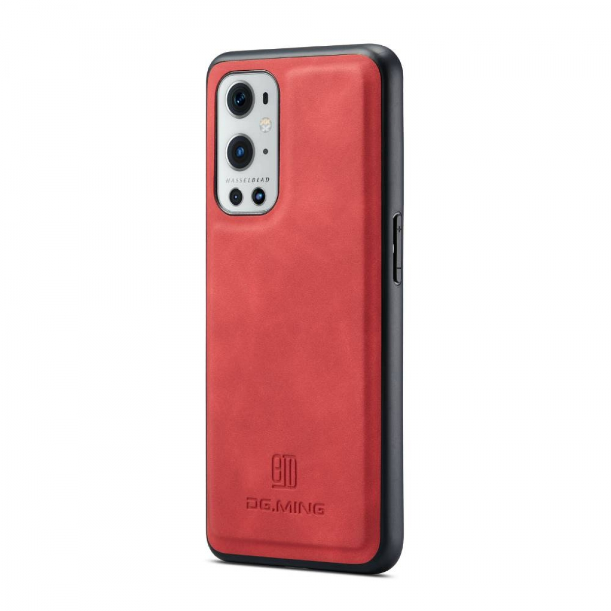 Rote Handyhülle auf schwarzem Handy. Die Hülle hat einen schwarzen Rand und die Marke 'DG.MING'.