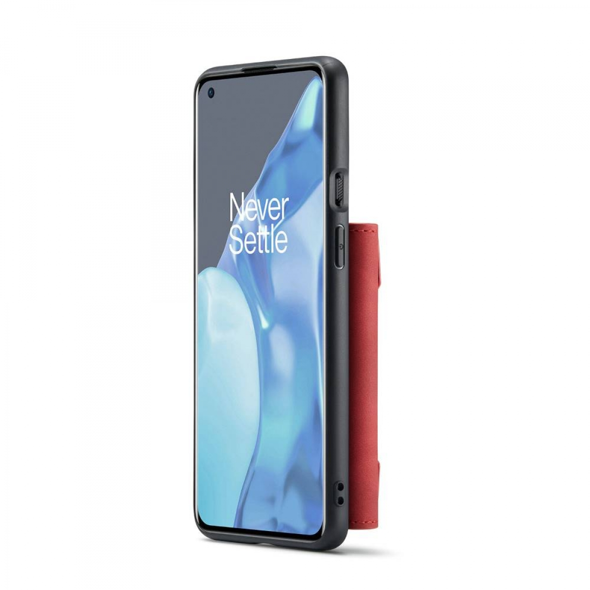 Schwarzes Telefon mit rotem Geldbörsenaufsatz. Das Telefon zeigt die Worte Never Settle auf weißem Hintergrund.