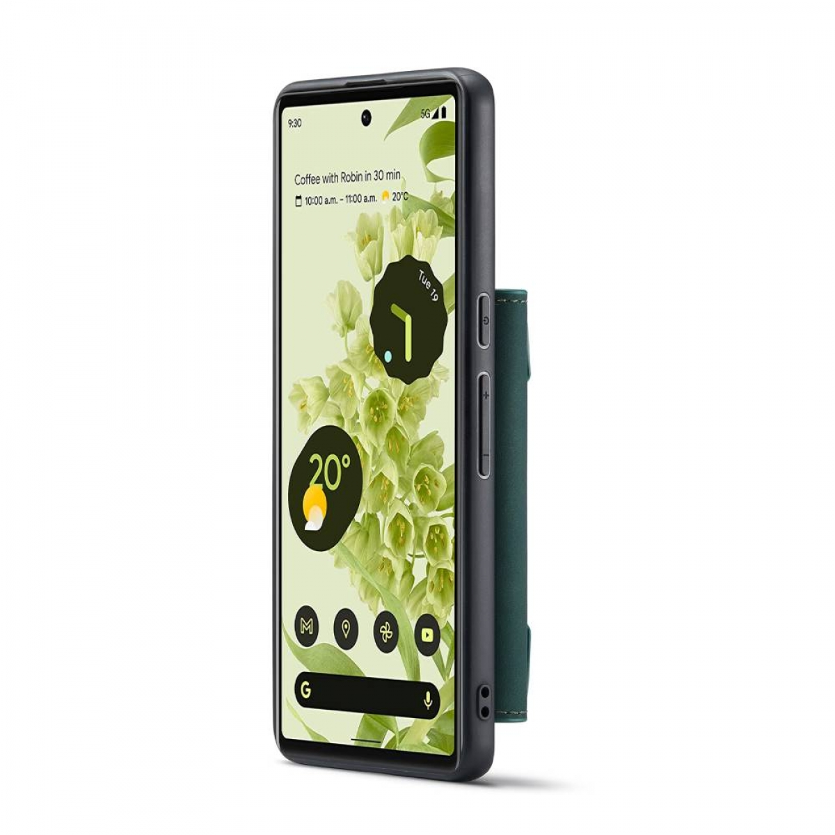 Ein Telefon in dunkler grauer Hülle mit grünem Portemonnaie. Der Bildschirm zeigt Wetterinfo.