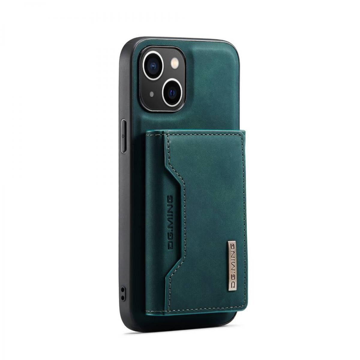Grüne Handyhülle mit Kartenhalter und Telefon darauf, mit dem DG.MING-Logo.