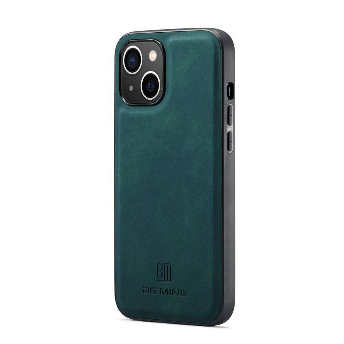 Grünes Telefon mit dunkler Hülle, Rückansicht. Weißer Hintergrund.