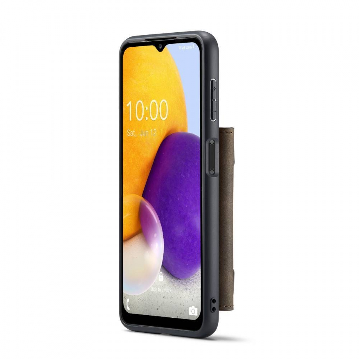 Smartphone in einer dunkelgrauen Hülle, zeigt ein farbenfrohes Hintergrundbild. Seitenansicht, weißer Hintergrund.
