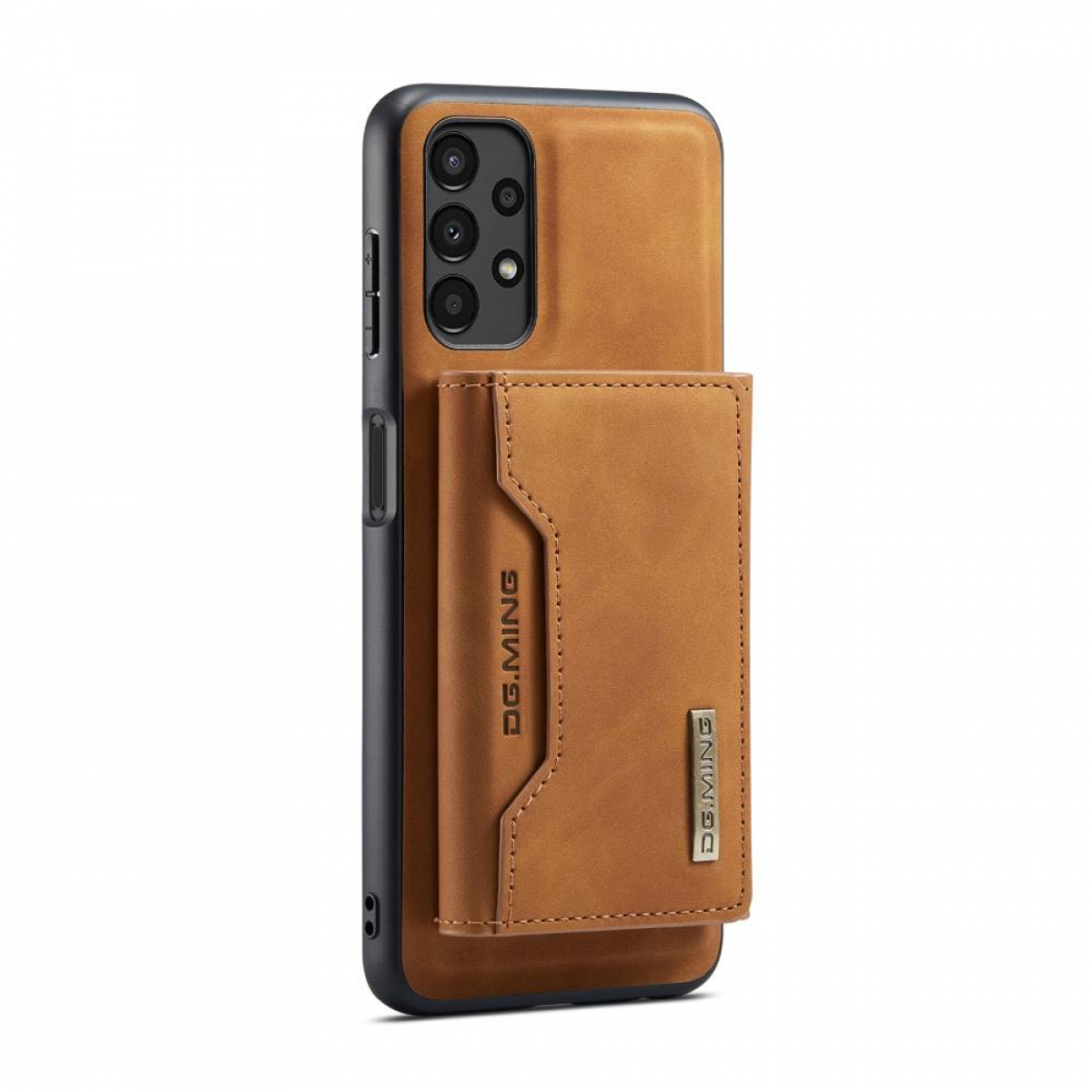 Braune Handyhülle mit einem Telefon befestigt. Der Hintergrund ist weiß.