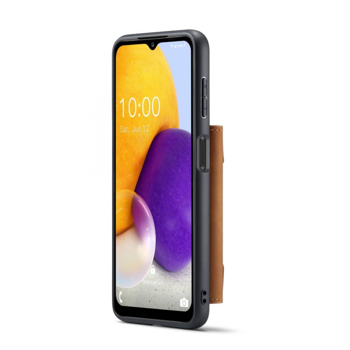 Ein Telefon mit Hülle, das die Uhrzeit und ein Schlosssymbol zeigt.