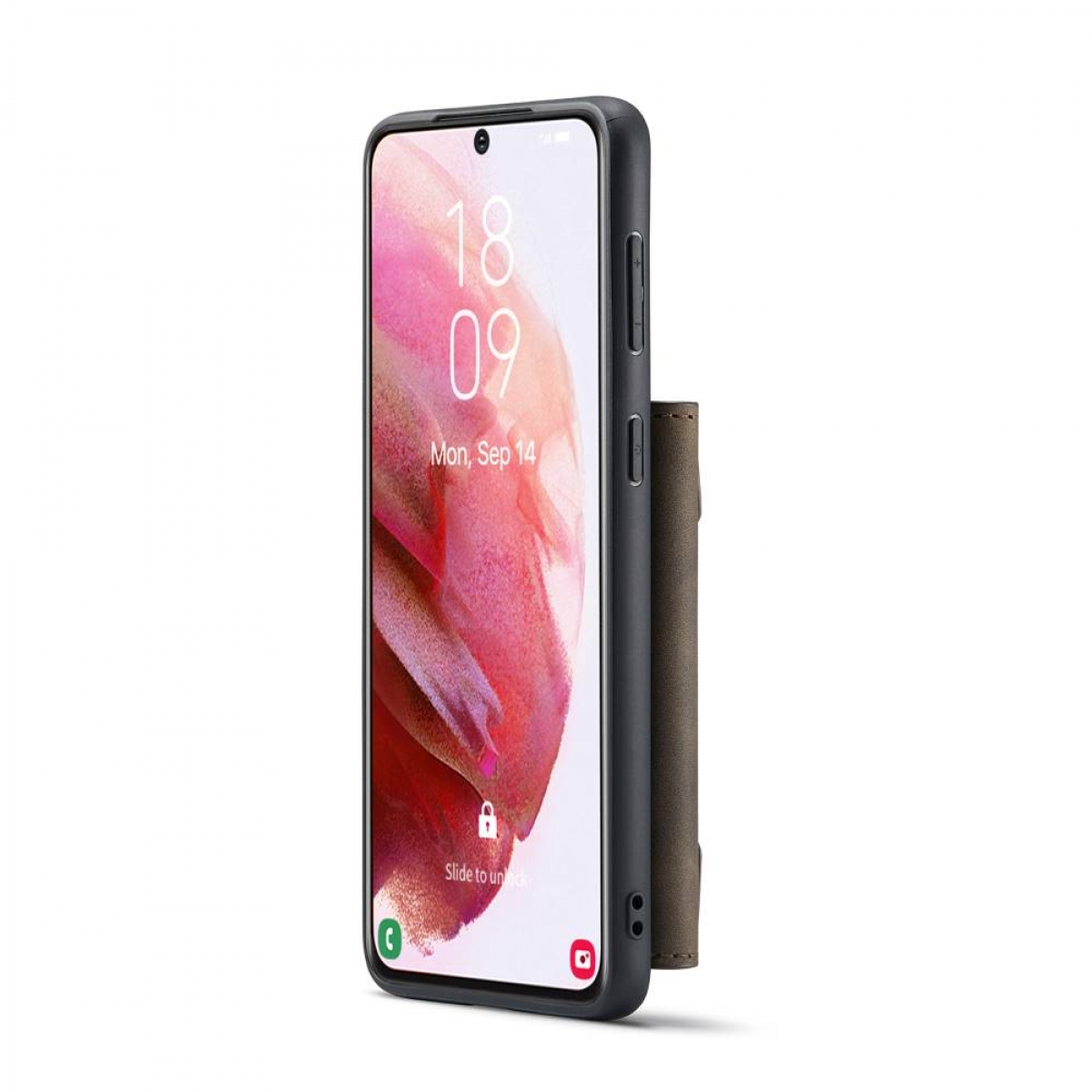 Schwarzes Telefon in einer Hülle. Der Bildschirm zeigt Datum und Uhrzeit auf rosa Hintergrund.