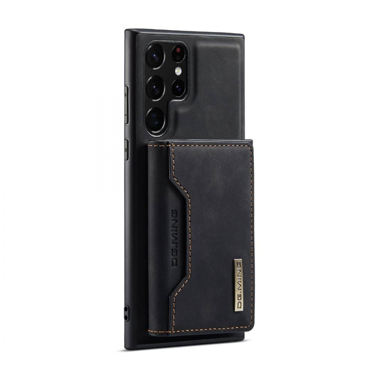 Schwarzes Telefon mit angebrachtem Portemonnaie auf der Rückseite. DG.MING-Logo auf dem Portemonnaie sichtbar.