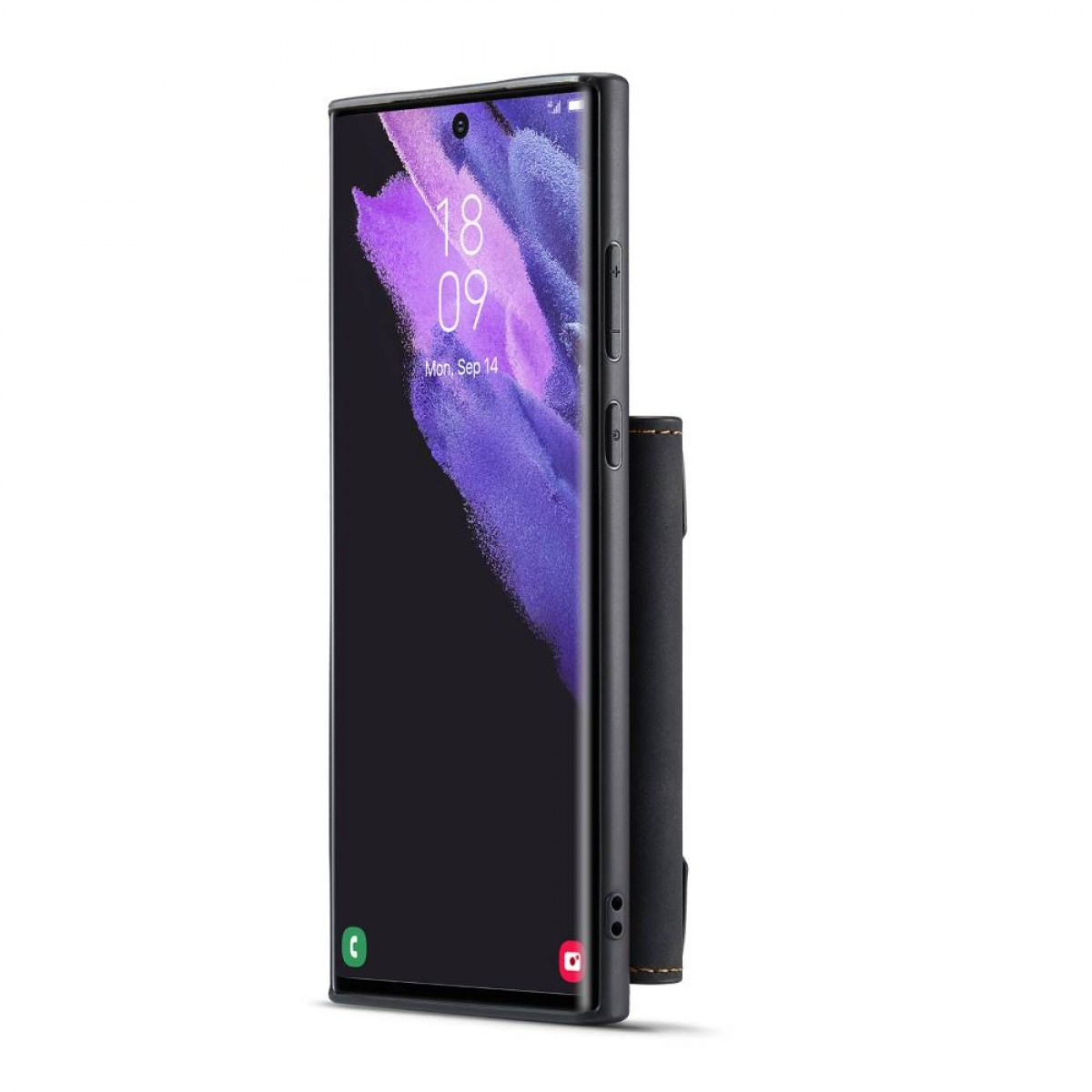 Schwarzes Telefon, das ein lila und weißes abstraktes Bild anzeigt. Geldbörse an der Seite.