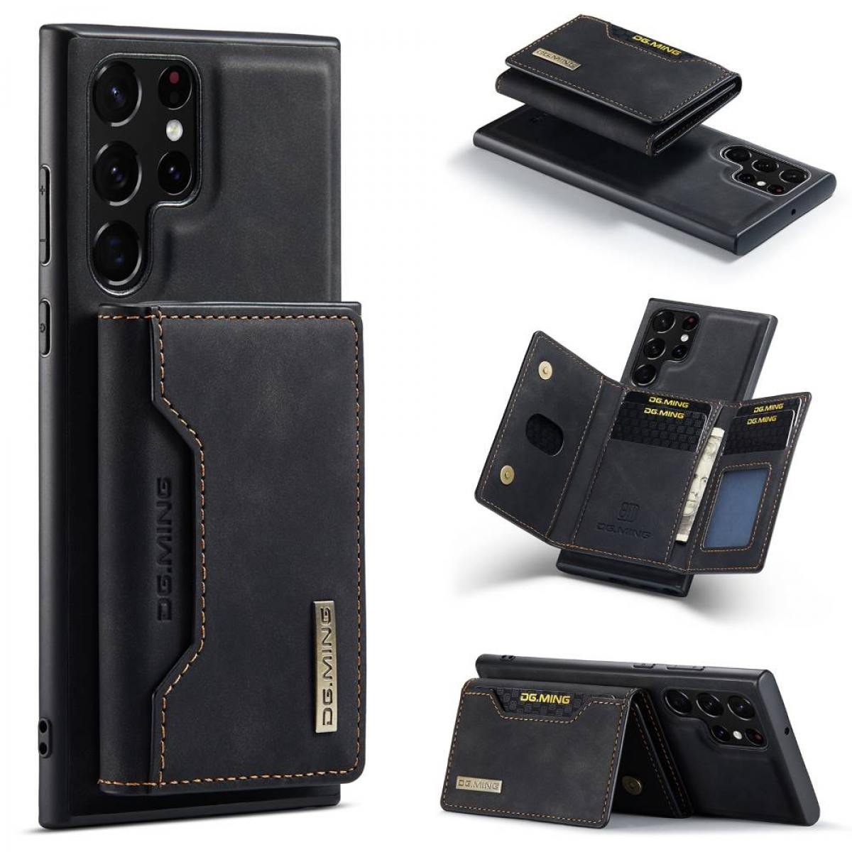 Schwarzes Telefon mit Kartenhalter. Mehrere Ansichten von Telefon und Halter.