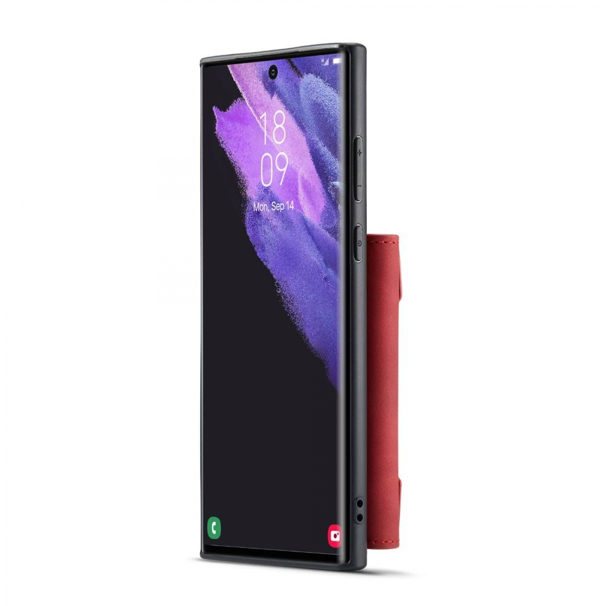 Schwarzes Smartphone mit roter Geldbörse. Datum auf dem Bildschirm: 14. September.