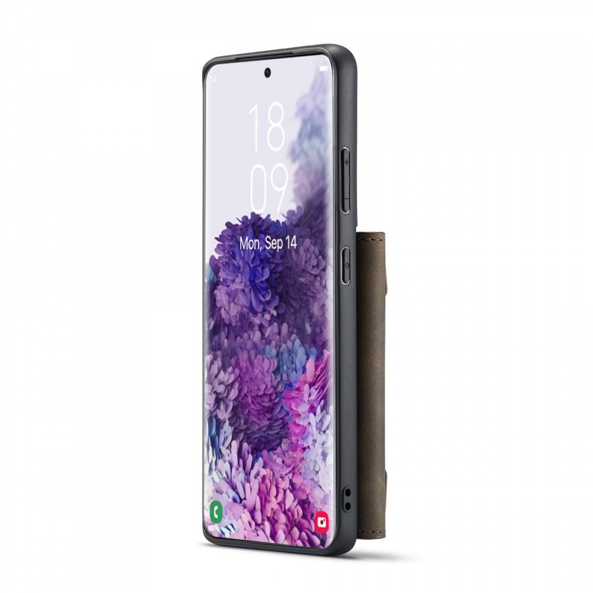 Telefonbildschirm mit Datum. Das Telefon befindet sich in einer schwarzen Hülle mit Kartenhalter.