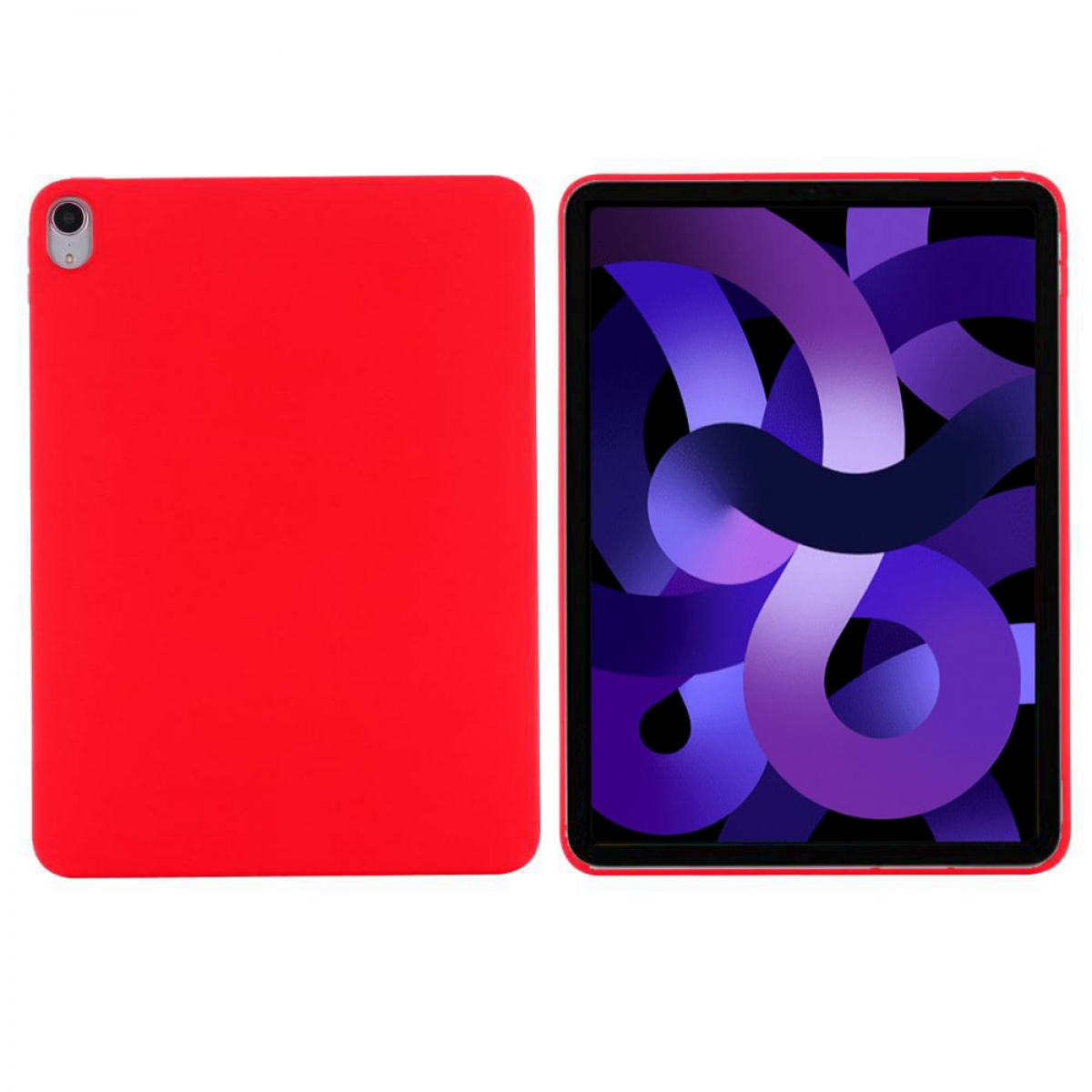 Rote Tablet-Hülle, geöffnet, um eine lila Oberfläche auf weißem Hintergrund anzuzeigen.