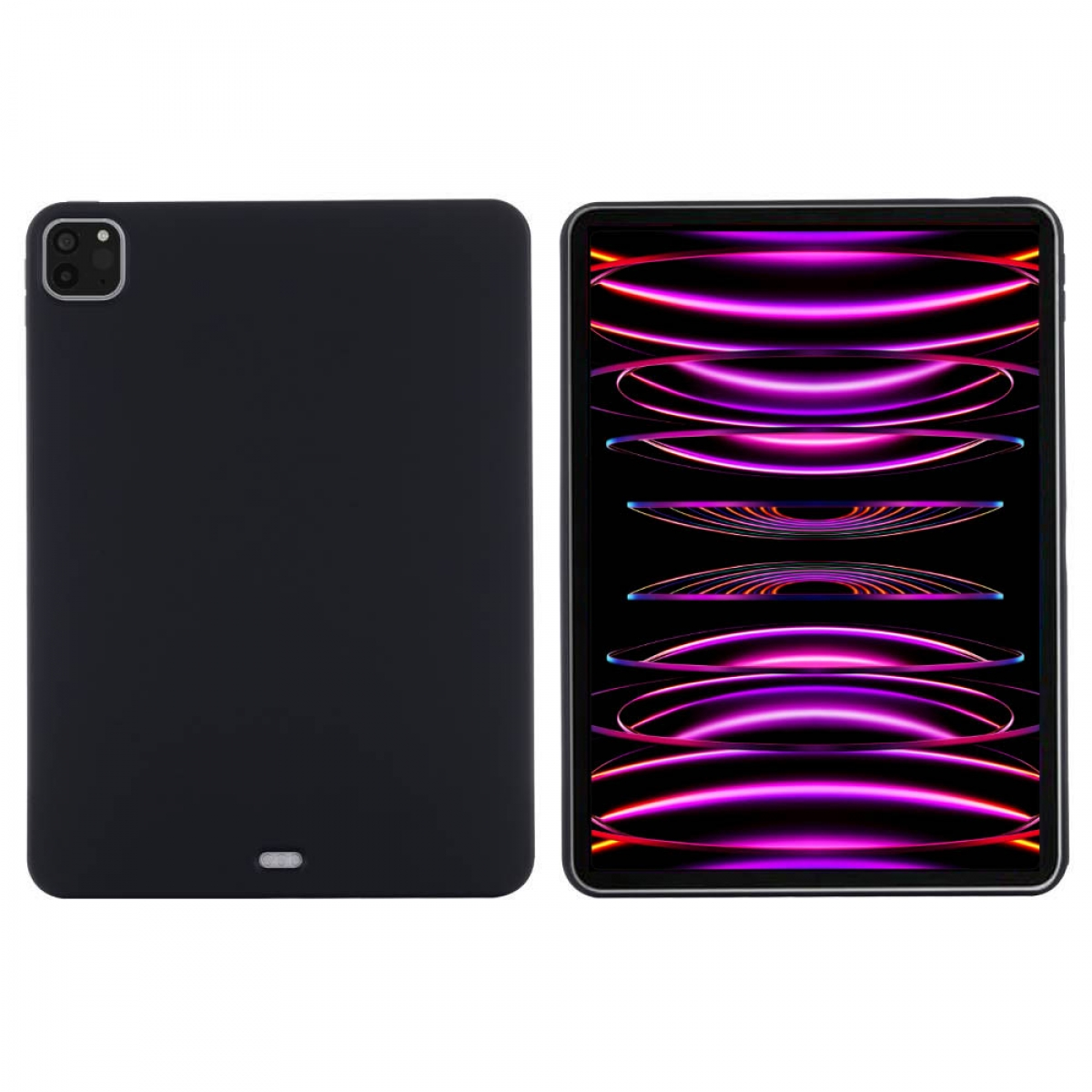 Ein iPad mit schwarzem Gehäuse auf einer Seite und das Display zeigt lila Lichter auf der anderen Seite.