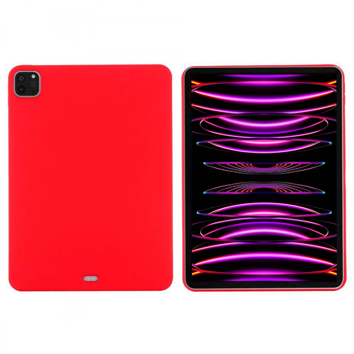 Rotes iPad und eine rote Hülle. Der Bildschirm ist an. Die Hülle ist links.
