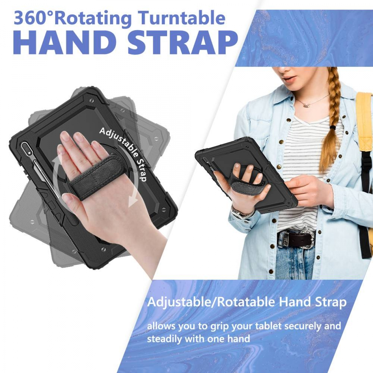 Frau hält Tablet mit Handschlaufe. Text: Verstellbarer/Drehbarer Handriemen, 360° drehbarer Plattenspieler-Handriemen.
