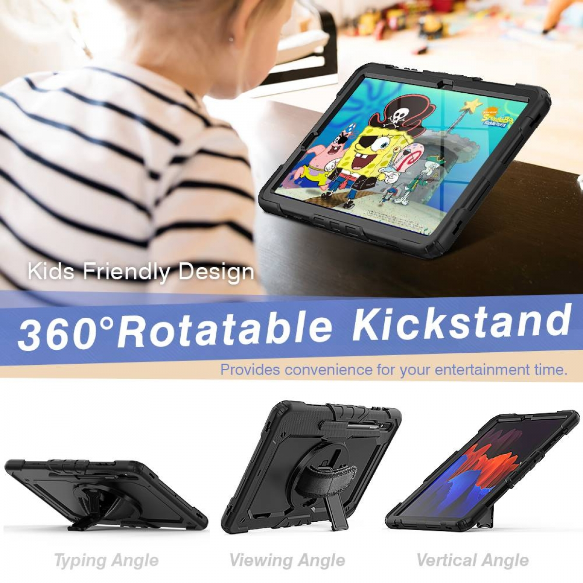 Kind benutzt Tablet. Tablet mit schwarzem Gehäuse und Ständer. Cartoon auf dem Bildschirm.