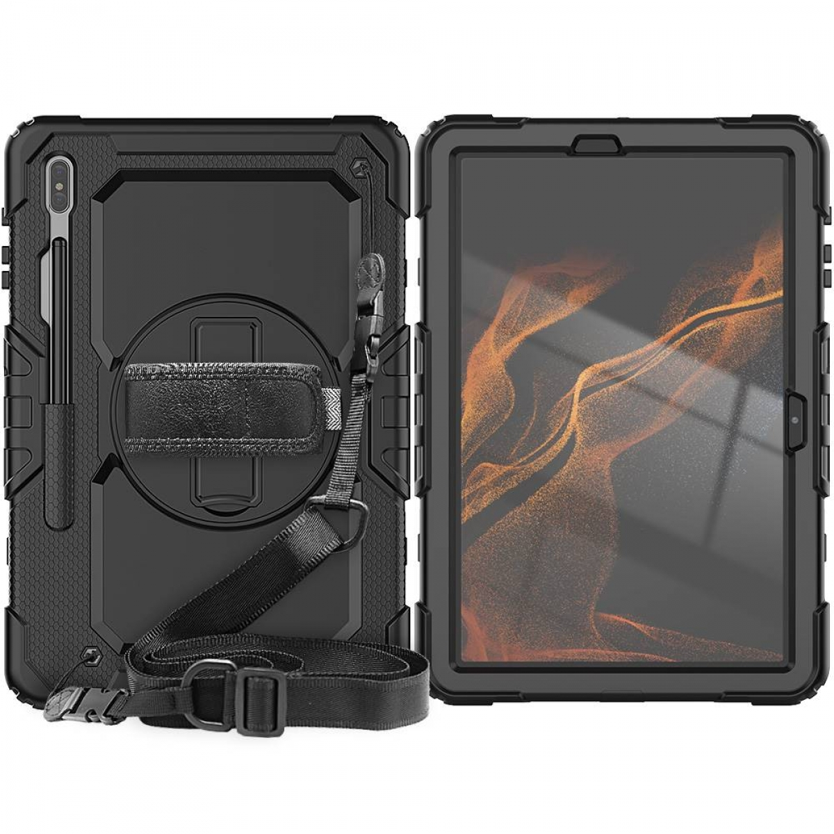 Schwarze Tablet-Hülle mit Riemen und Stift, robustes Design, weißer Hintergrund.