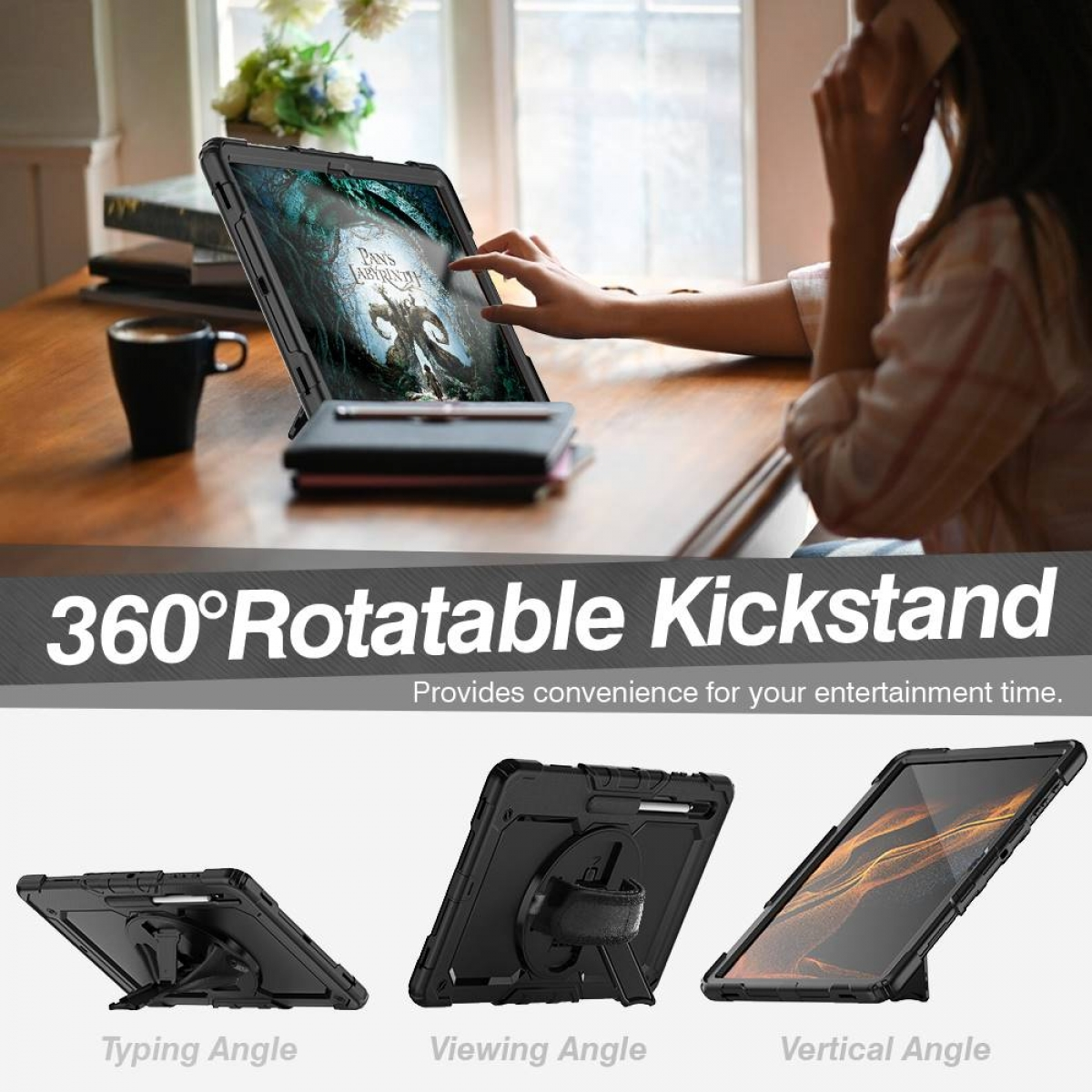 Tablet mit Ständer. Der Ständer ist für Tippen, Anzeigen und vertikale Winkel einstellbar.