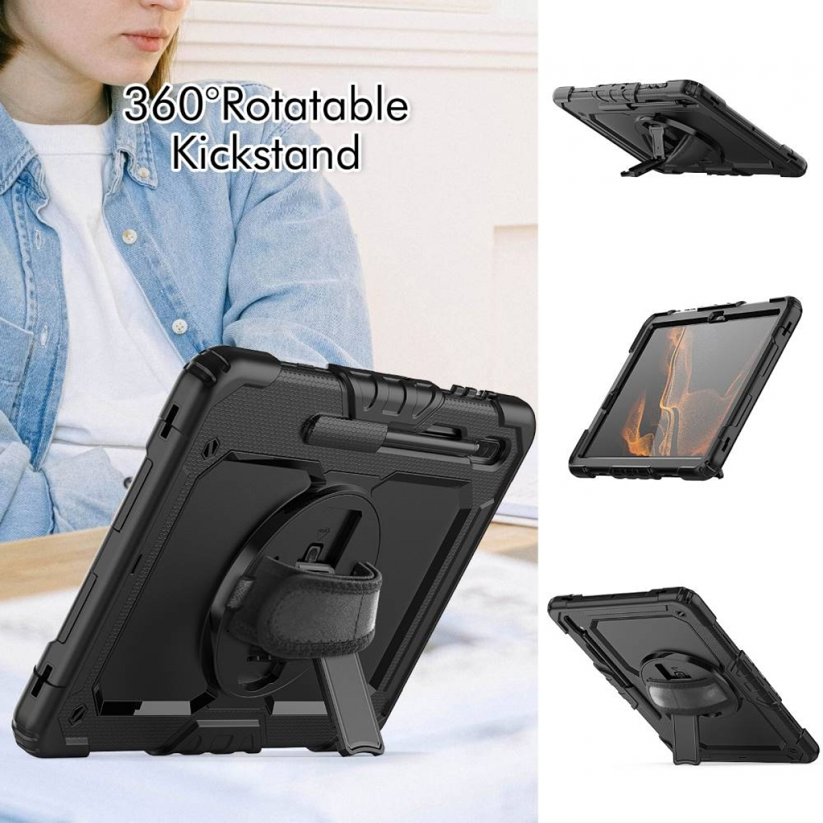 Schwarze Tablet-Hülle mit Ständer. Die Hülle hat einen drehbaren Ständer und drei verschiedene Winkel.