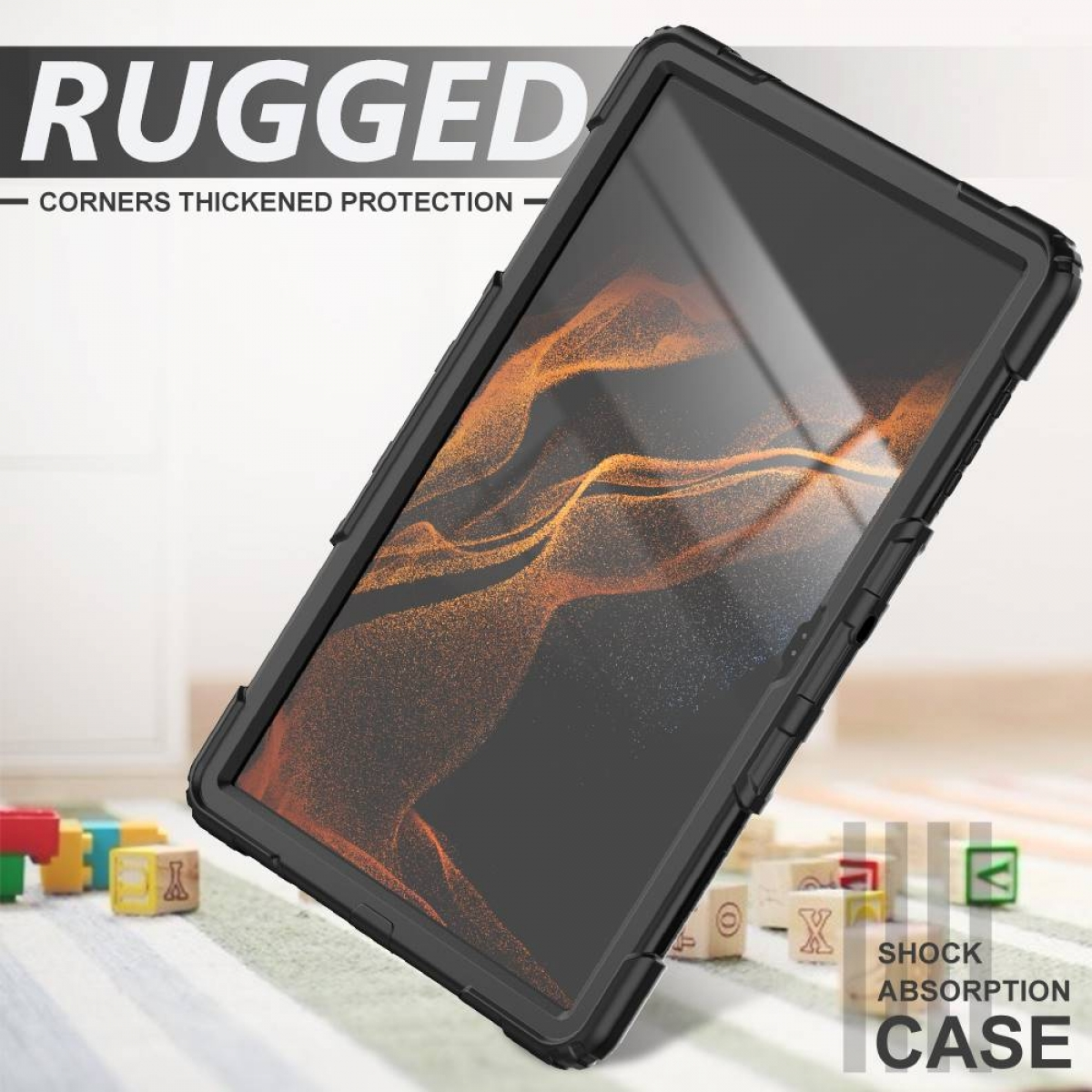 Tablet in robustem Gehäuse. Text auf dem Bild sagt Robust, Ecken verdickter Schutz und Stoßdämpfungsgehäuse.